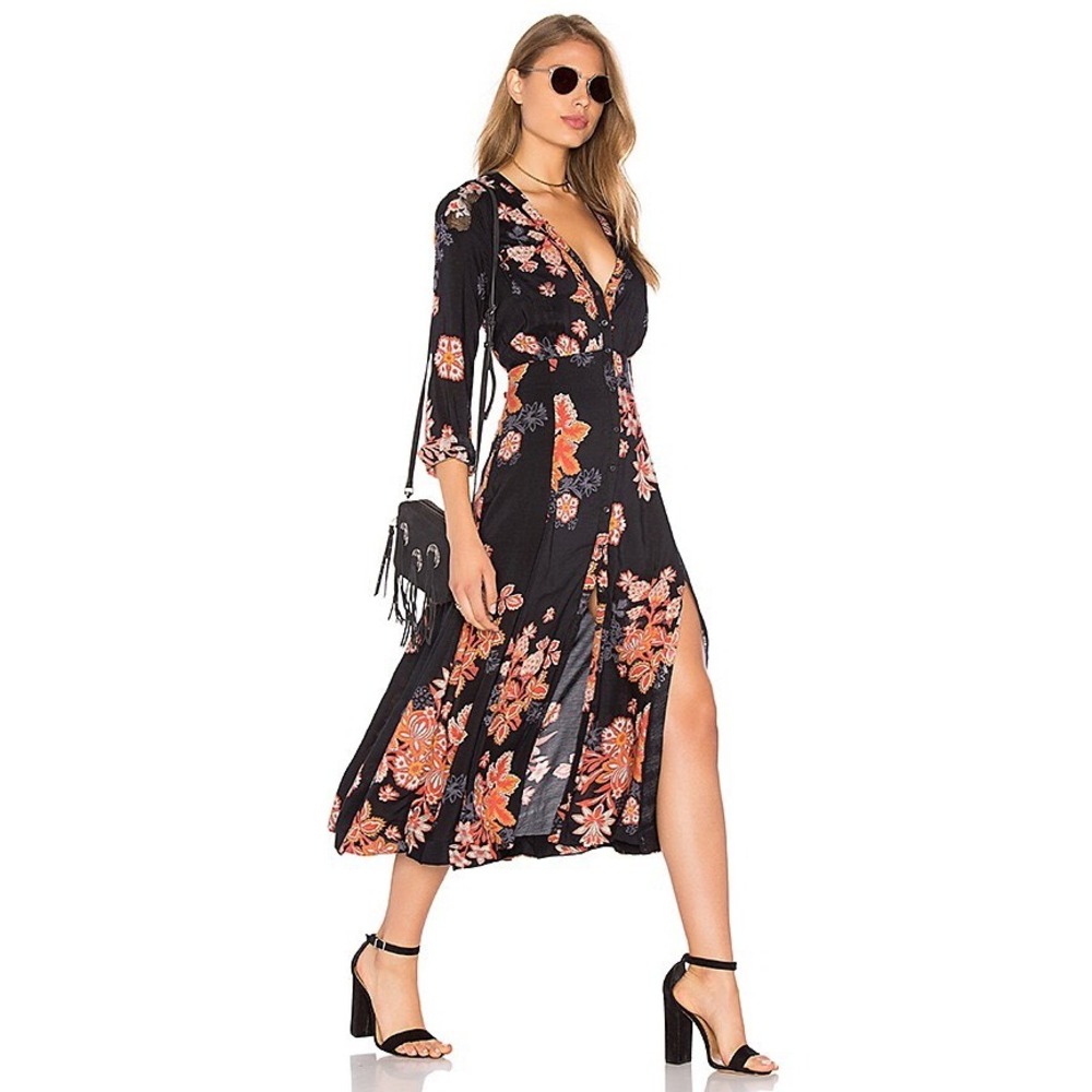 Free People Women Miranda Dress 2 Black Floral Whimsigoth Midi Date Night